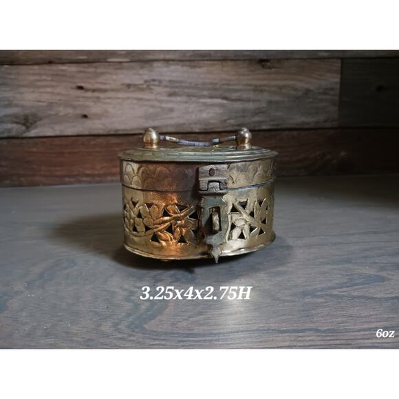 Vintage Brass Trinket Box With Handle: Pierced Etched Floral Jewelry Holder - Picture 1 of 6